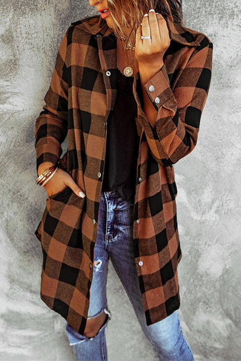 Turn-Down Collar Plaid Shirt Coat